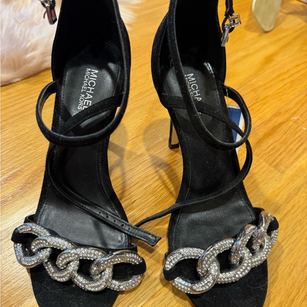 Michael Kors Black Strappy Heels with Silver Accents